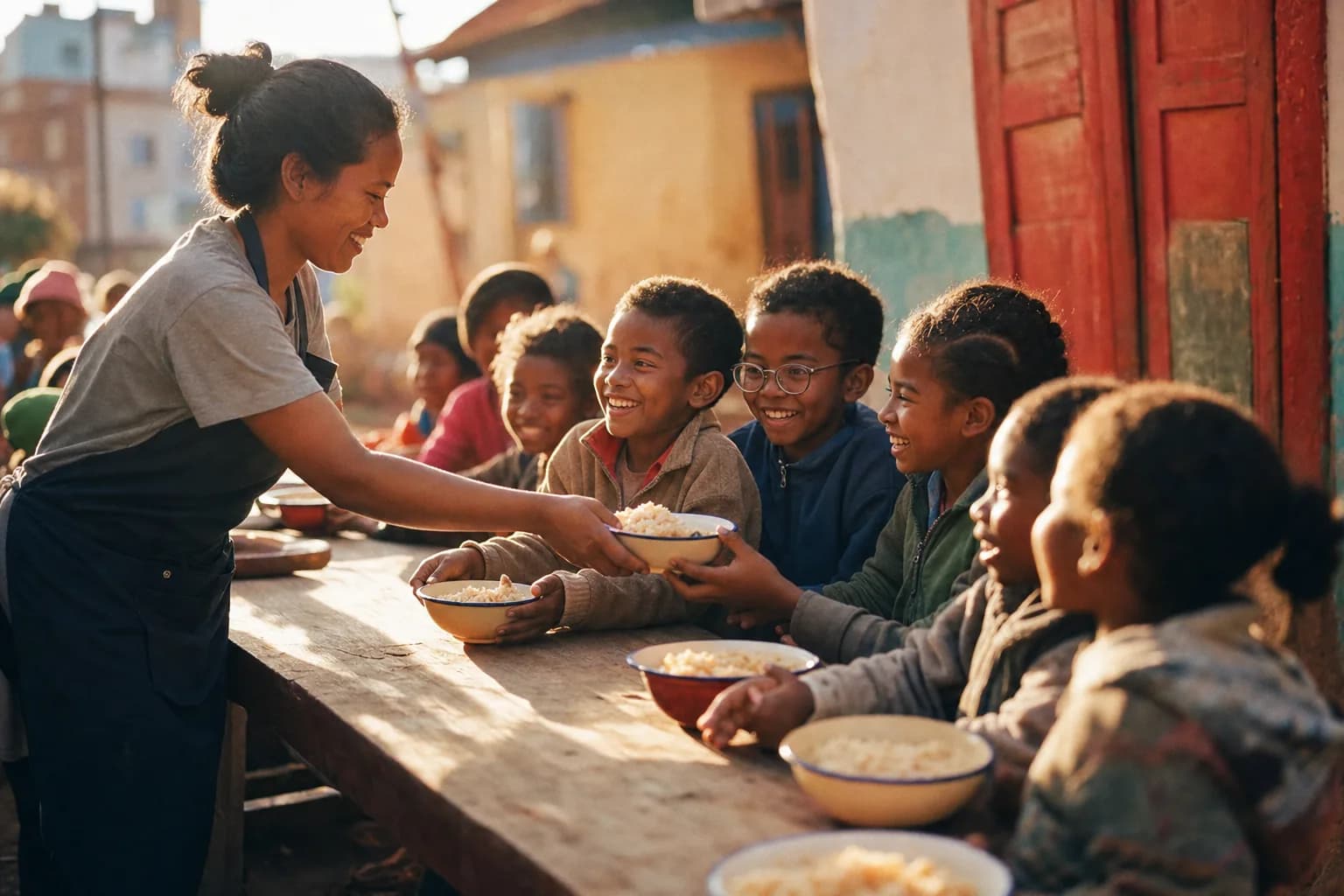 Distribution de repas à des enfants d’un quartier d’Antananarivo, soutenue par SOS Lunettes